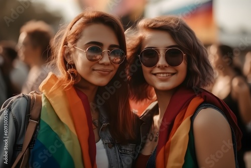 Portrait of happy lesbian couple smiling holding rainbow flags on pride event