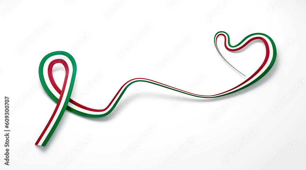 3d Flag Of Italy Heart Shaped Wavy Awareness Ribbon flag On White Background, 3d illustration 3d Flag Of Italy Heart Shaped Wavy Awareness Ribbon flag On White Background, 3d illustration
