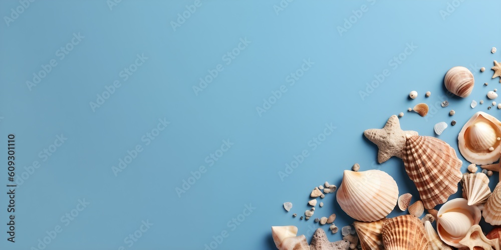 Sea shells on a blue background with copyspace