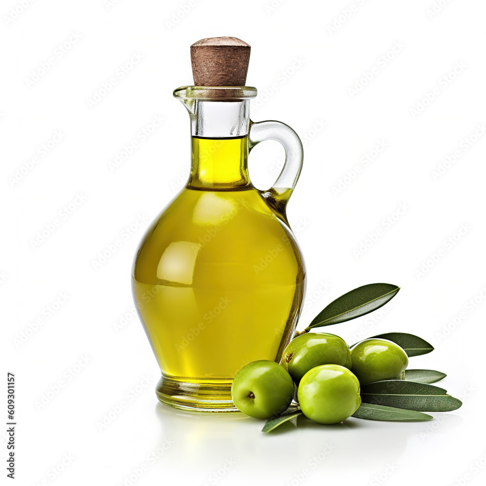 Olives oil on white background. Generative AI Olives oil on white background. Generative AI