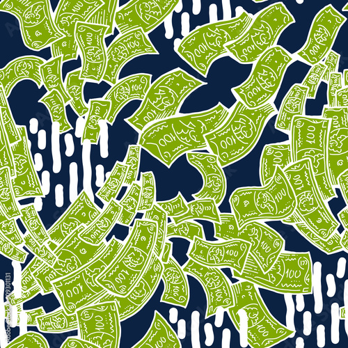 Money seamless pattern background for print design. Hundred dollars banknotes, a lot of cash for finance. economy, business theme for success. Hand drawn line illustration, cartoon style drawing.