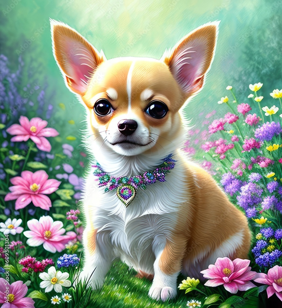 Cute puppy, chihuahua, bright floral background, Generative AI Art Illustration 05