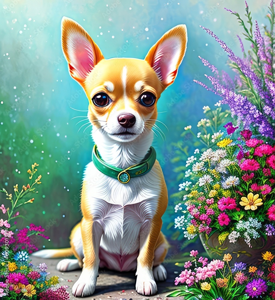 Cute puppy, chihuahua, bright floral background, Generative AI Art Illustration 01