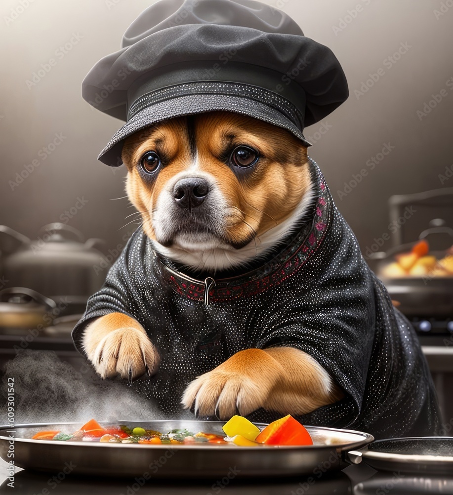 Cute Dog in a culinary cap makes soup in a restaurant, Dog Chef