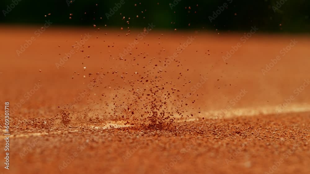 Super slow motion of Tennis ball ping on clay court inside or outside white line. Filmed on high speed cinematic camera at 1000 fps.