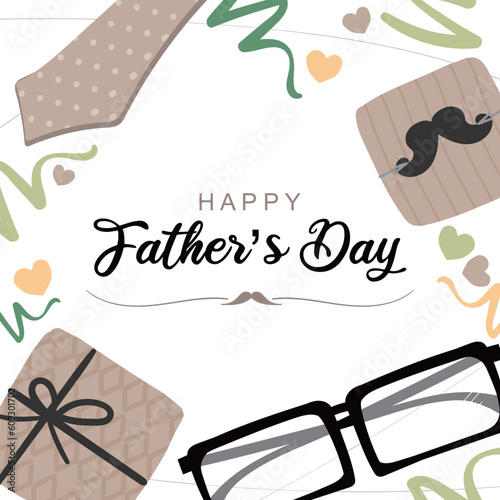 Happy Fathers Day greeting. Vector background with doodle giftbox, bow tie and glasses.
