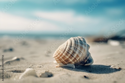 Seashell on a sandy beach with a blue sky in the background © Canities