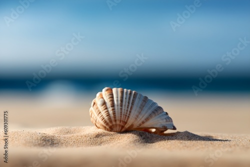Seashell on a sandy beach with a blue sky in the background