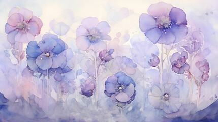 Papier peint photo Pourpre Watercolor flower field with flowers. Floral dreamy landscape nature background. Botanical AI illustration. For wallpaper, cards.  © Oksana Smyshliaeva