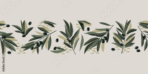Olive border seamless pattern. Vector vintage band. Hand drawn texture branch, green fruit, graphic leaves on white background.
