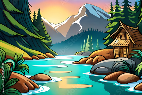 Vector illustration of a mountain landscape with a wooden house and a river  generative ai