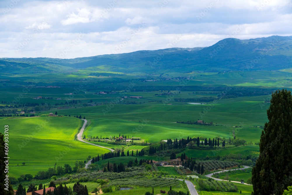 The wavy hills of the landscape in Val d'Orcia from Pienza