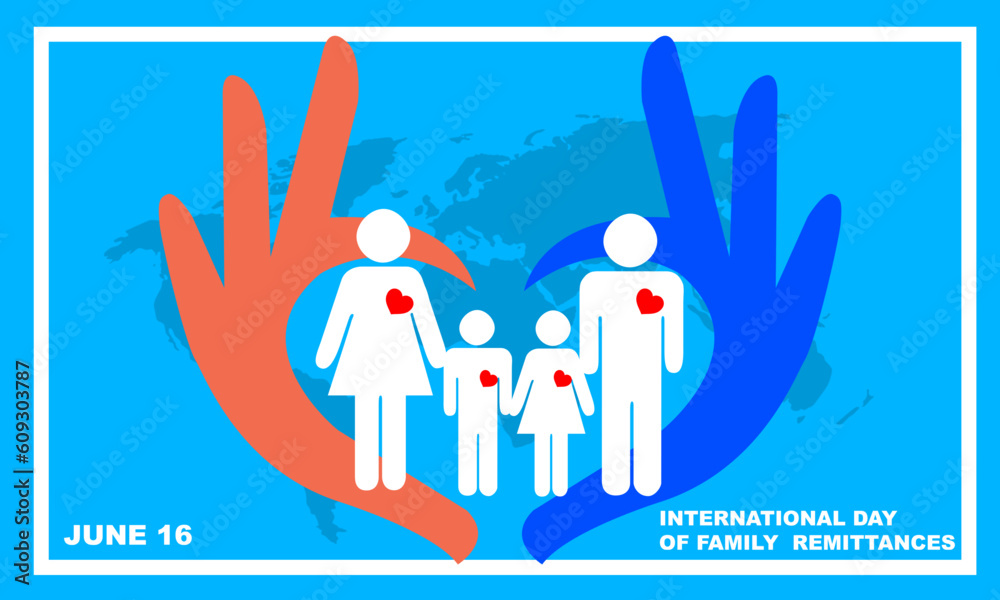vector of a family with a heart symbol on the chest and a heart shaped hand icon against a globe background commemorating the INTERNATIONAL DAY OF FAMILY REMITTANCES on June 16
