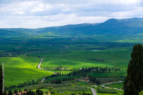 The wavy hills of the landscape in Val d'Orcia from Pienza