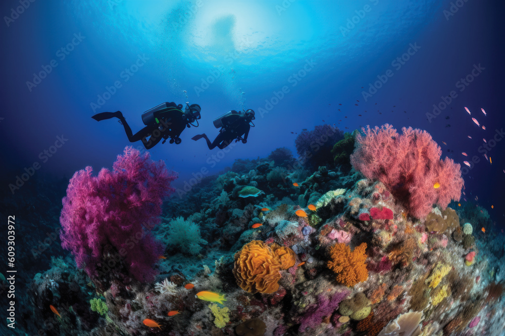 Fototapeta premium Two scuba divers diving in front of colorful and coral reef