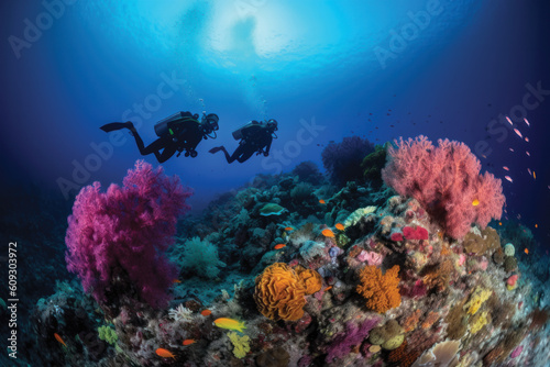 Two scuba divers diving in front of colorful and coral reef