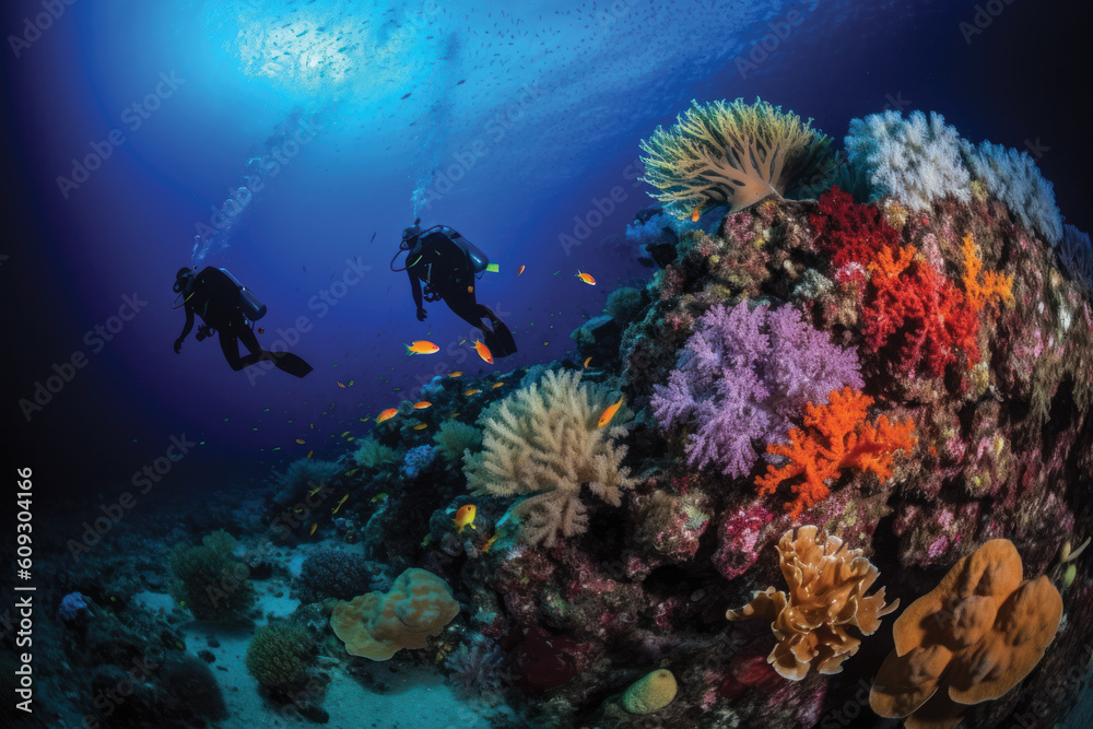 Fototapeta premium Two scuba divers diving in front of colorful and coral reef