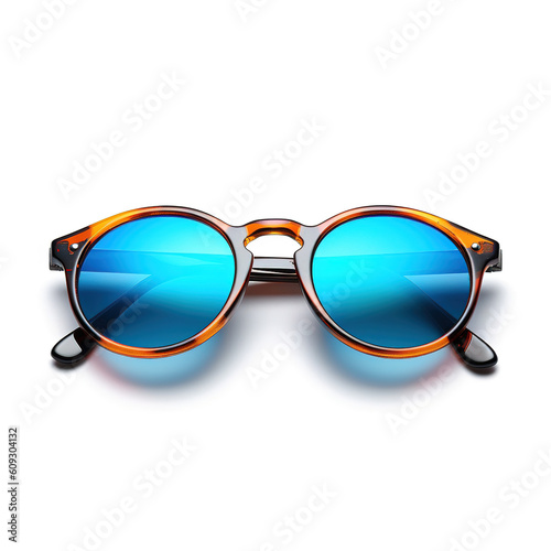 Blue sunglasses on white background. Generative AI