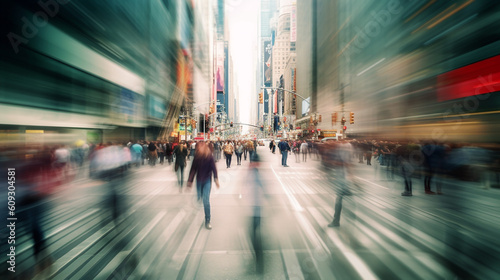 city as you witness a blur of business people walking through the streets. The dynamic motion and soft focus evoke a sense of bustling activity and the fast  Generative AI