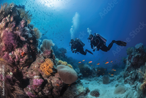 Two scuba divers diving in front of colorful and coral reef