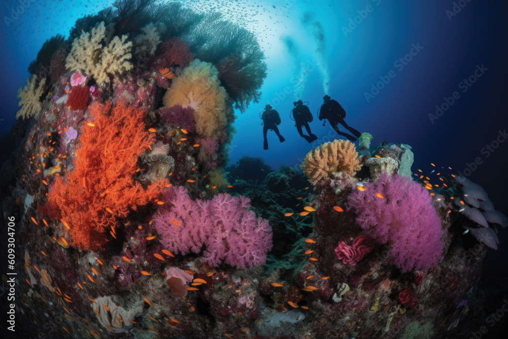 Fototapeta premium Two scuba divers diving in front of colorful and coral reef