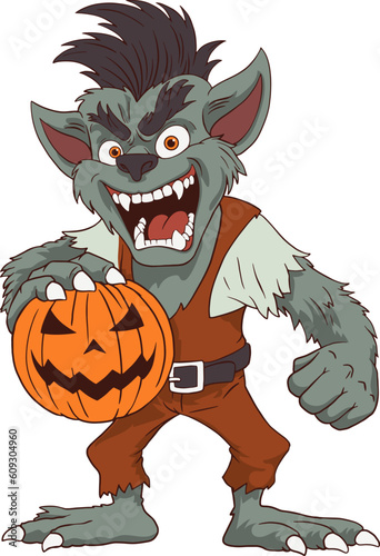 Halloween werewolf character that is standing with grinning wildly and holding pumpkin