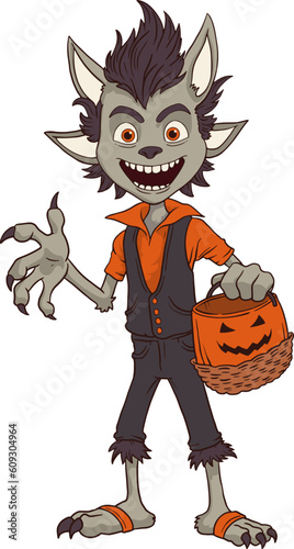 Funny werewolf holding pumpkin bag