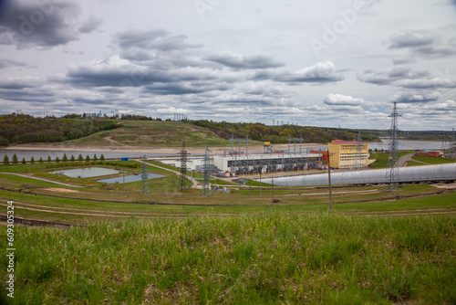 Sergiyev Posad, Russsia - May 18, 2022: Zagorskaya hydro power plant on grey sky background photo