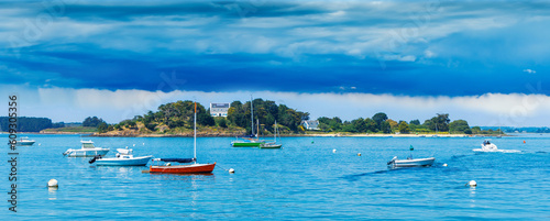 Brittany atlantic ocean coast, island and boat- Morbihan in France