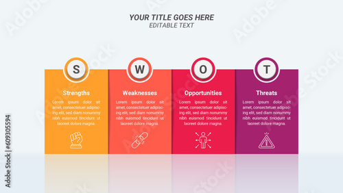 SWOT Analysis 4-step Infographics with Editable Text and 16:9 Layout for Business Presentations, Planning, Management, and Evaluation. 