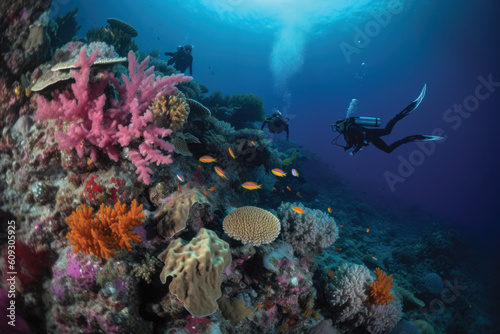 Two scuba divers diving in front of colorful and coral reef