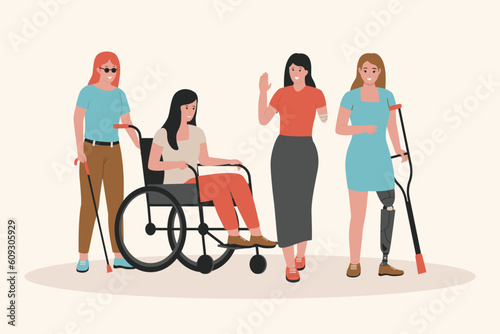 Woman disabilities concept illustration. Illustration for website, landing page, mobile app, poster and banner. Trendy flat vector illustration