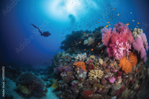 Two scuba divers diving in front of colorful and coral reef © Larva Head