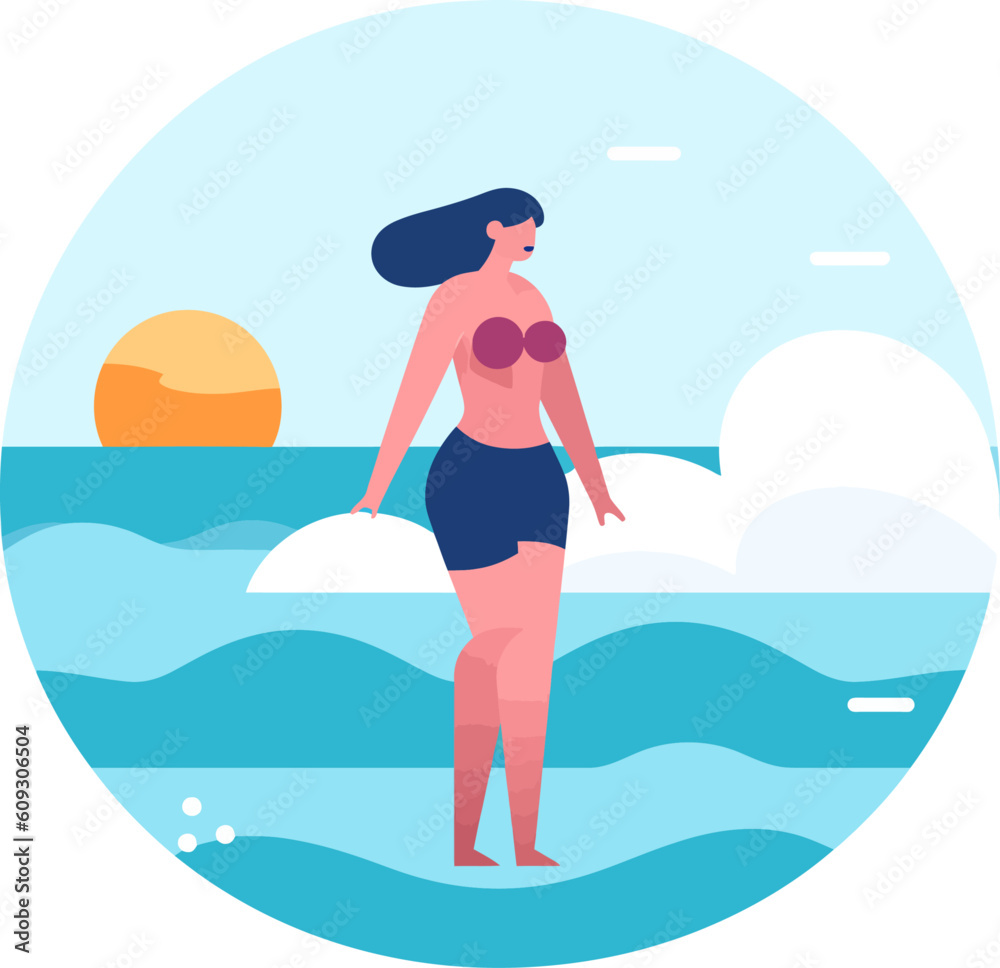 Woman in swimwear on a beach at sunrise vector illustration flat minimalistic style