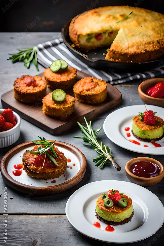 A set table framed from above with different kind of tasty food, A set table framed from above with different kind of tasty food,