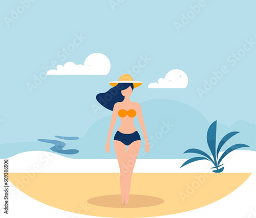 Woman in swimwear on a beach at sunrise vector illustration flat minimalistic style