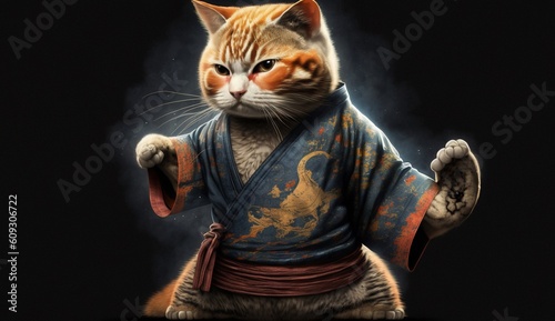 The cat karate fighter in a kimono. Generative AI.