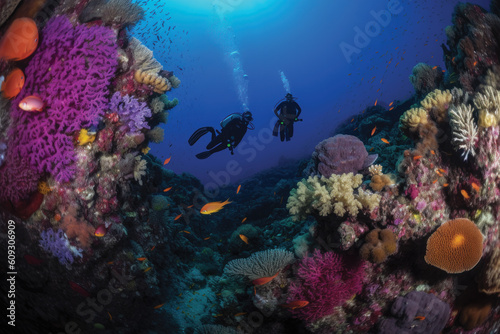 Two scuba divers diving in front of colorful and coral reef