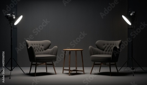 Two chairs and spotlights in podcast or interview room on dark background. Generative AI.