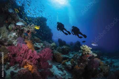 Two scuba divers diving in front of colorful and coral reef
