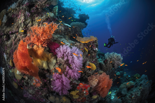Two scuba divers diving in front of colorful and coral reef