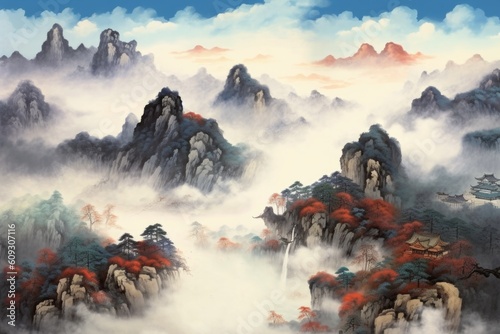 Chinese landscape in with a fairy garden, ink landscape painting created digitally Generative AI © EnelEva