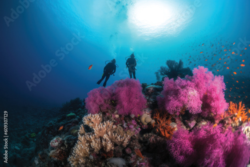 Two scuba divers diving in front of colorful and coral reef