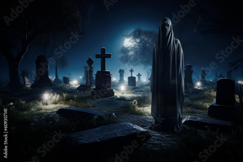 Grim reaper in black cloth stand in graveyard with tombstones at night, Halloween concept, Generative AI