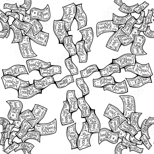 Money seamless pattern background for print design. Hundred dollars banknotes, a lot of cash for finance. economy, business theme for success. Hand drawn line illustration, cartoon style drawing.