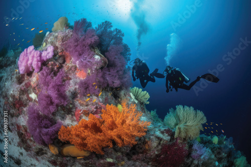 Two scuba divers diving in front of colorful and coral reef