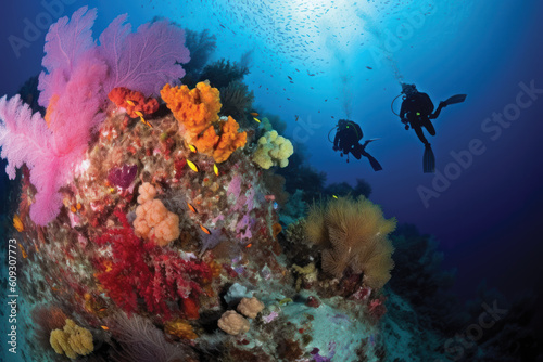 Two scuba divers diving in front of colorful and coral reef