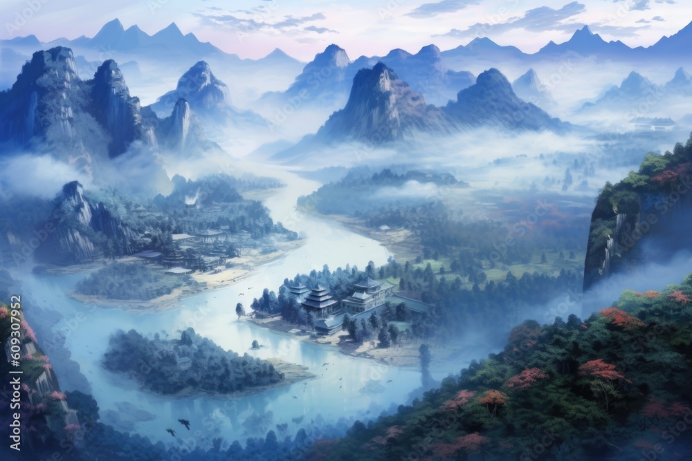Obraz premium Chinese landscape in with a fairy garden, ink landscape painting created digitally Generative AI