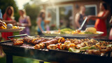 summer BBQ food party as friends and family gather for a day of grilling and indulging in delicious meat. The afternoon sun casts a warm glow as the aroma of sizzling food fills the air, Generative AI