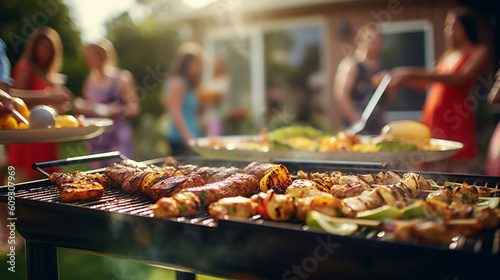 summer BBQ food party as friends and family gather for a day of grilling and indulging in delicious meat. The afternoon sun casts a warm glow as the aroma of sizzling food fills the air, Generative AI